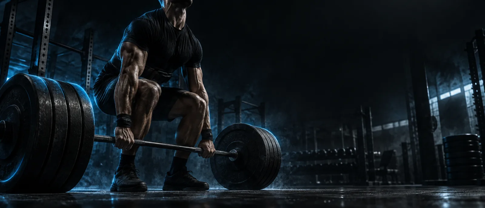 An athlete mid-deadlift in a dark gym, lit by a cool blue rim-light