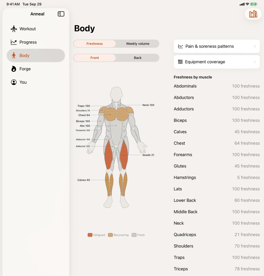 Anneal auf dem iPad: eine Seitenleiste für Workout, Fortschritt, Körper, Forge und Du, mit der Erholungskarte neben dem genauen Frischewert für jeden Muskel