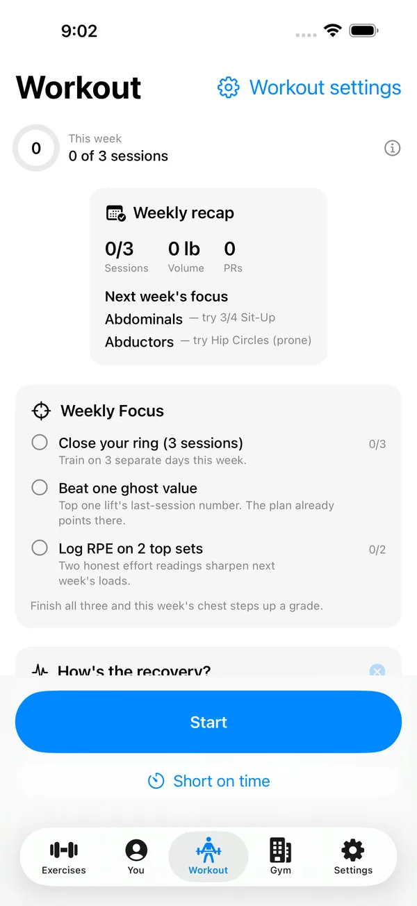 Today screen: weekly ring, Weekly Focus quests, and a live recovery check-in, before tapping Start