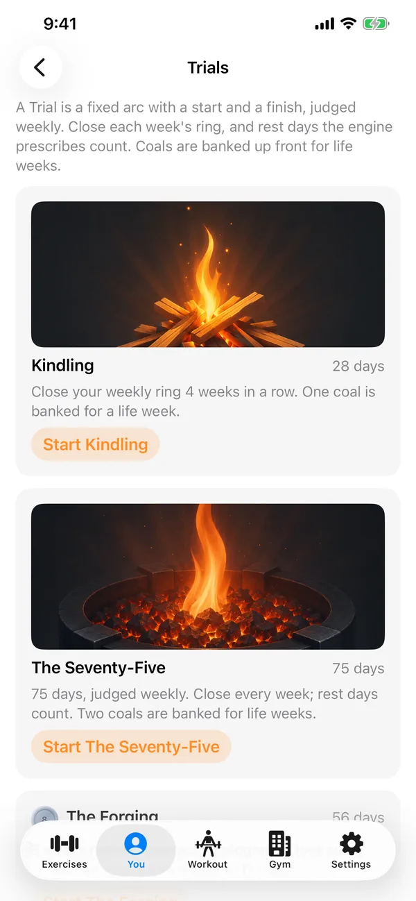 Trials screen: Kindling (28 days) and The Seventy-Five (75 days) arcs, each with a Start button, on the You tab