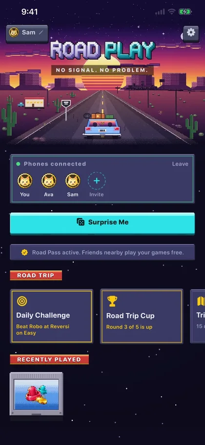 RoadPlay home screen with the Road Trip Cup and daily challenge