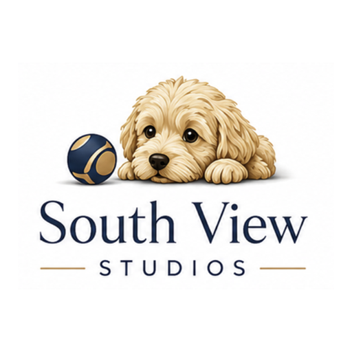 South View Studios logo: a cavapoo puppy resting next to a navy and gold ball