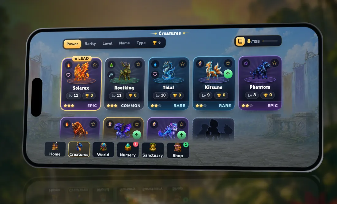 Der Kreaturenbildschirm auf dem iPhone mit Solarex, Rootking, Tidal, Kitsune und Phantom samt Levels und Seltenheit