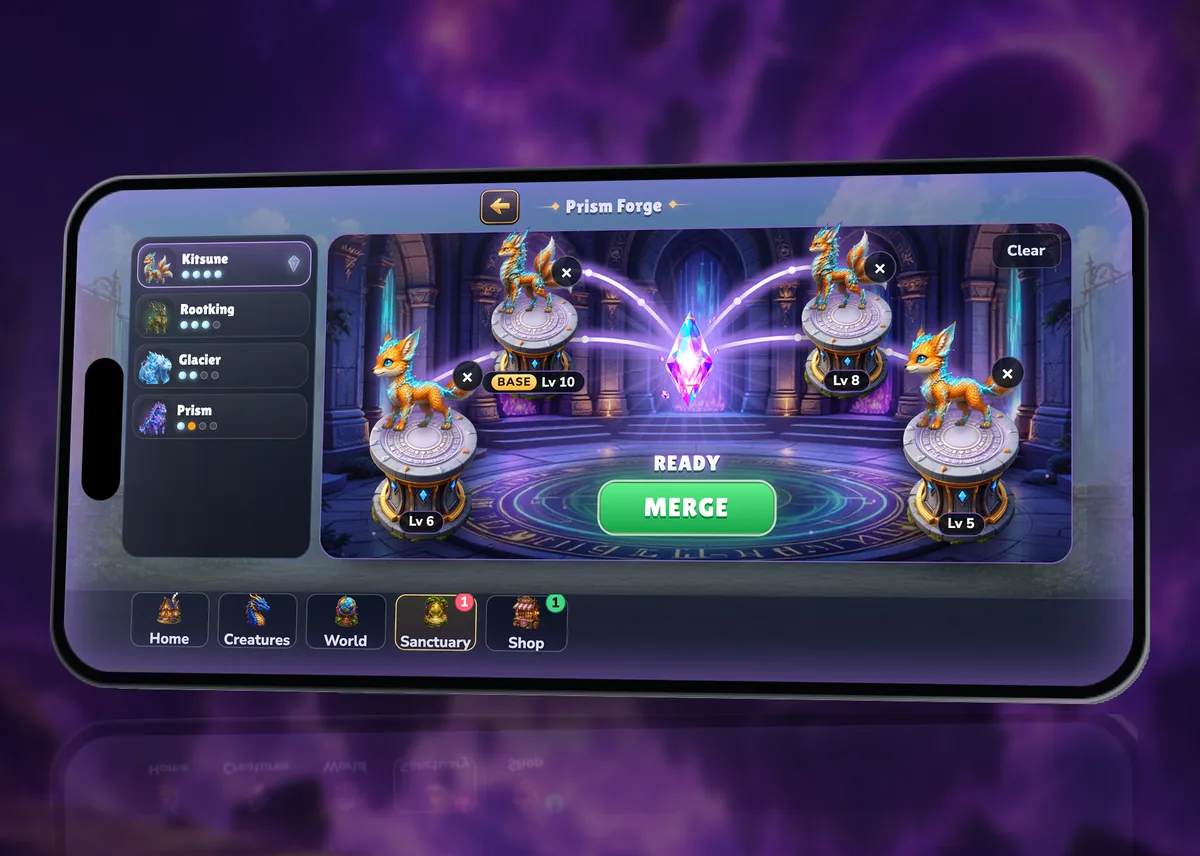 Die Prism Forge auf dem iPhone, die vier Exemplare einer Kreatur zu ihrer Prismatic-Form verschmilzt