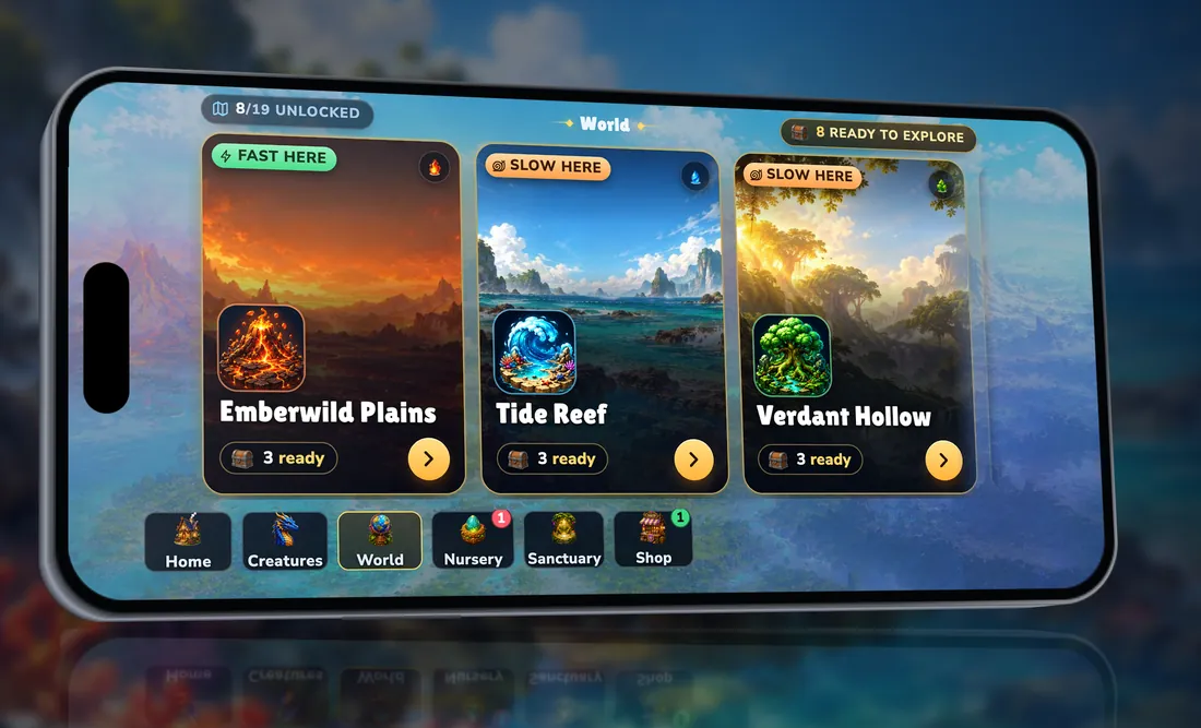 Der Welt-Bildschirm auf dem iPhone mit den Regionen Emberwild Plains, Tide Reef und Verdant Hollow, jeweils mit bereitliegendem Schatz