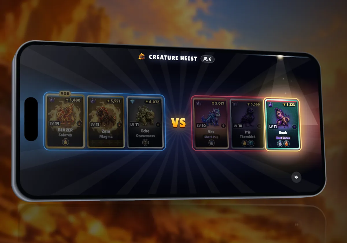 Das Karten-Intro vor einem Creature-Heist-Match auf dem iPhone, mit den Spielerkarten beider Teams
