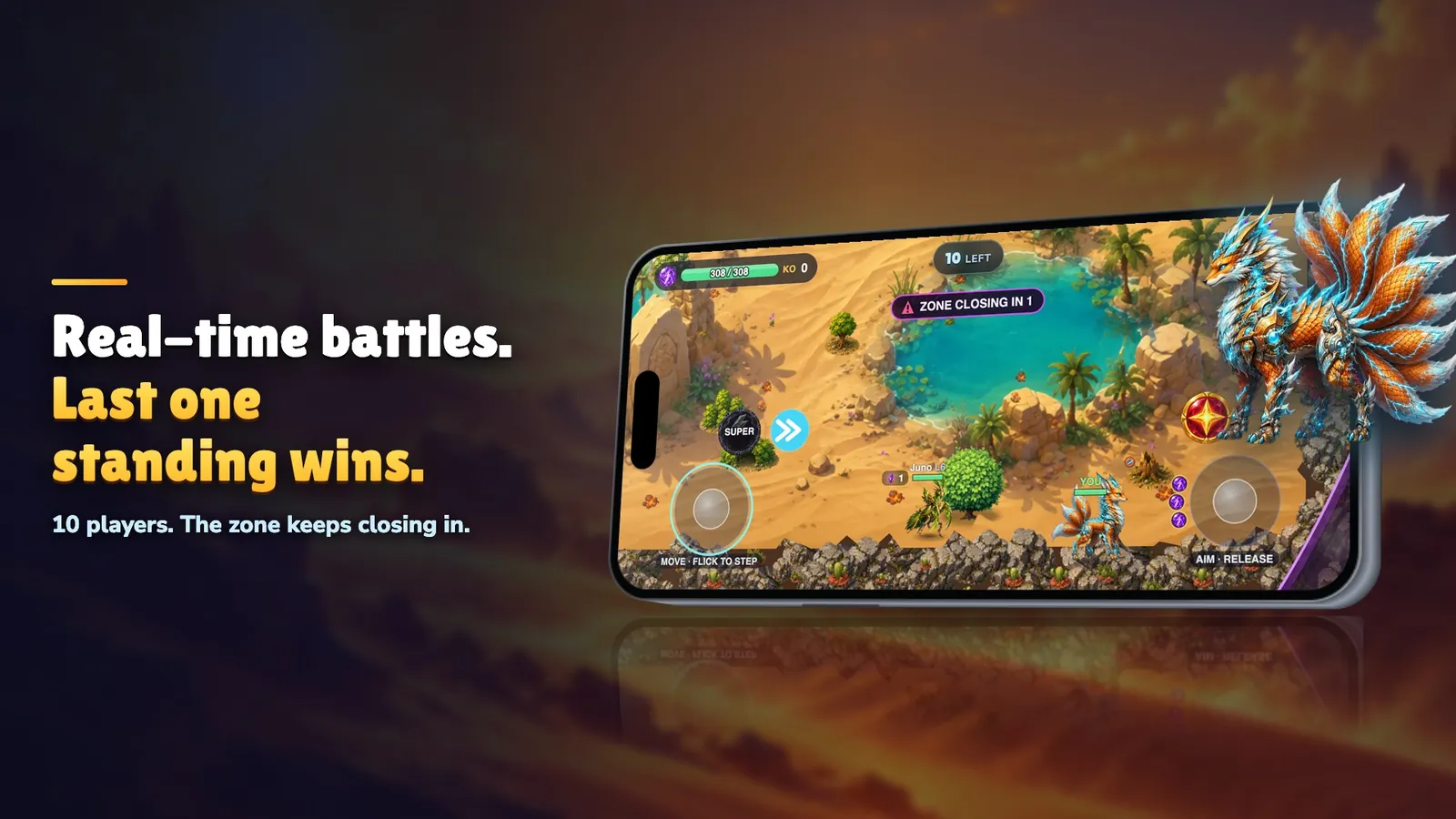 Kämpfe in Echtzeit. Wer zuletzt steht, gewinnt. 10 Spieler. Die Zone zieht sich immer weiter zusammen. Ein Showdown auf dem iPhone, daneben Sparkys Endform.