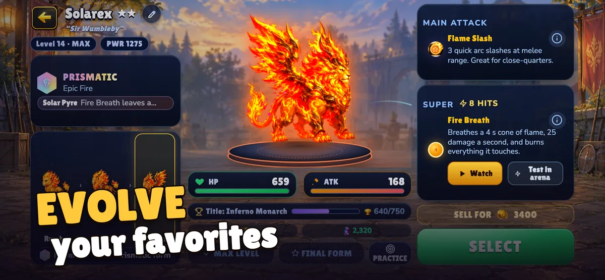 Die neu gestaltete Kreaturenseite von Solarex auf dem iPhone, mit den Buttons Ansehen und In der Arena testen neben seinem Super