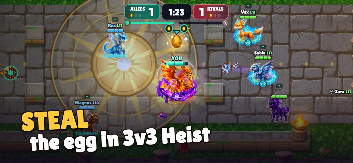 Ein 3v3 Creature Heist auf dem iPhone: das Ei wird aus dem Tresor gehoben, während das gegnerische Team näher kommt
