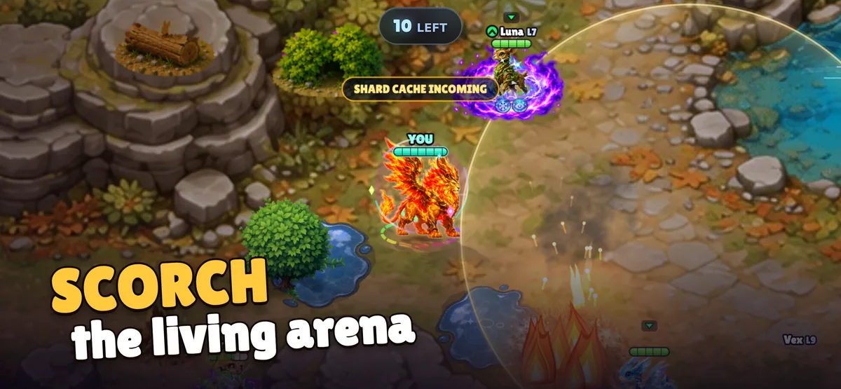 Eine Showdown-Arena auf dem iPhone, die Zone zieht sich über felsigem Boden zusammen, daneben eine Pfütze und ein ankommender Splitter-Vorrat