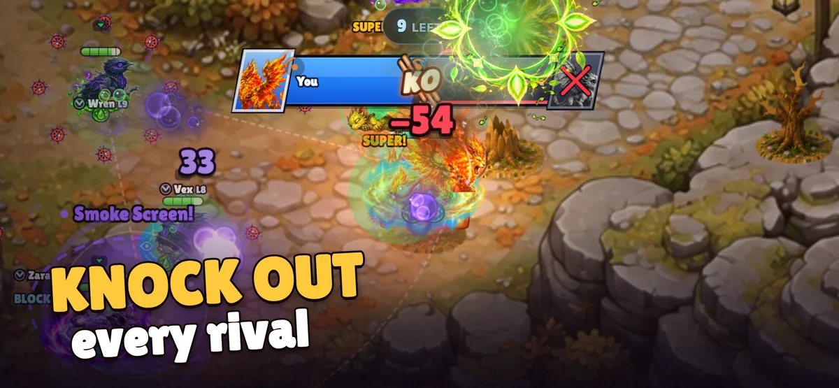 Ein Super-K.o. in einem Showdown auf dem iPhone, mit SUPER-Einblendung und einer großen Schadenszahl