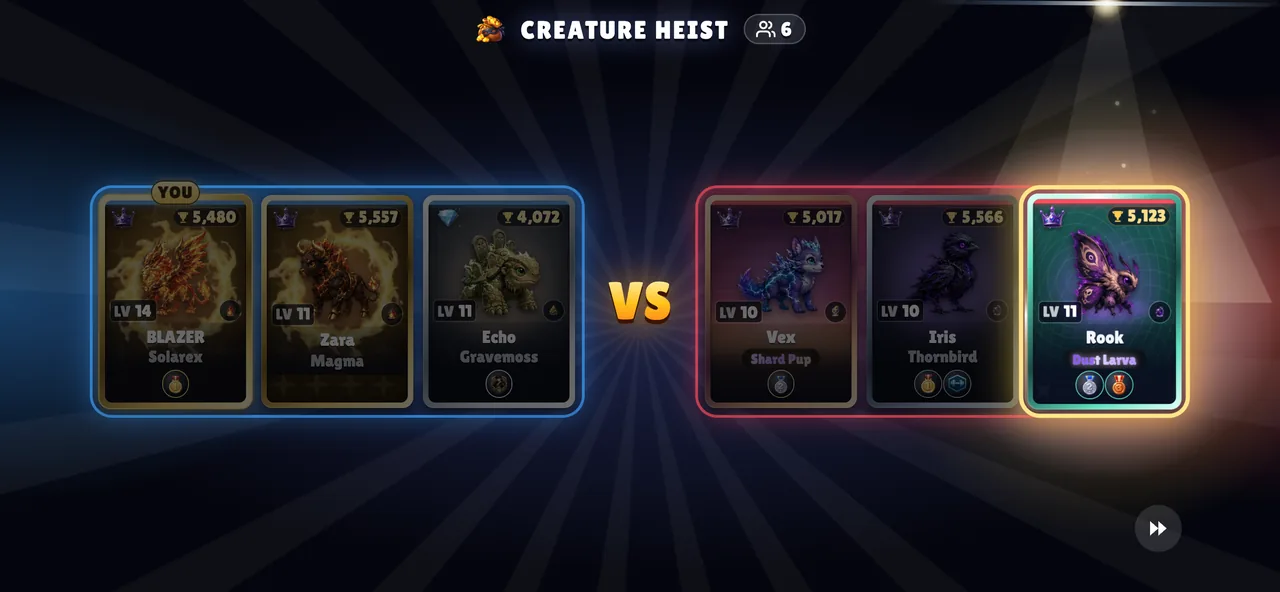 Das Karten-Intro vor einem Creature-Heist-Match mit den Spielerkarten beider Teams