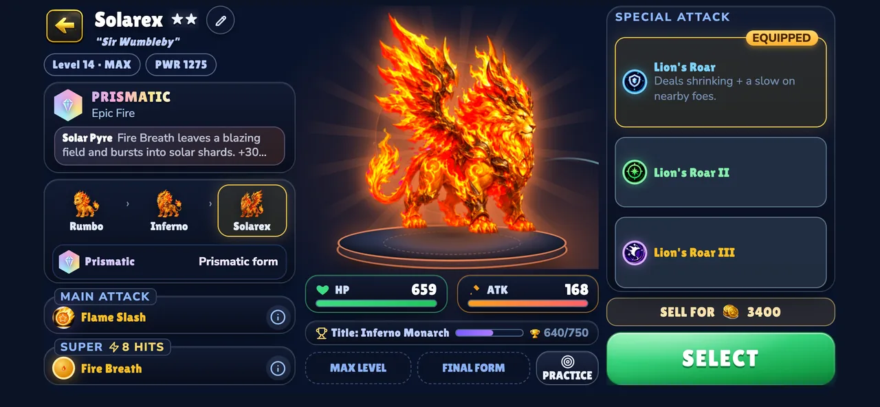 Das Kreaturenprofil eines Prismatic Solarex mit Entwicklungsstufen und Attacken
