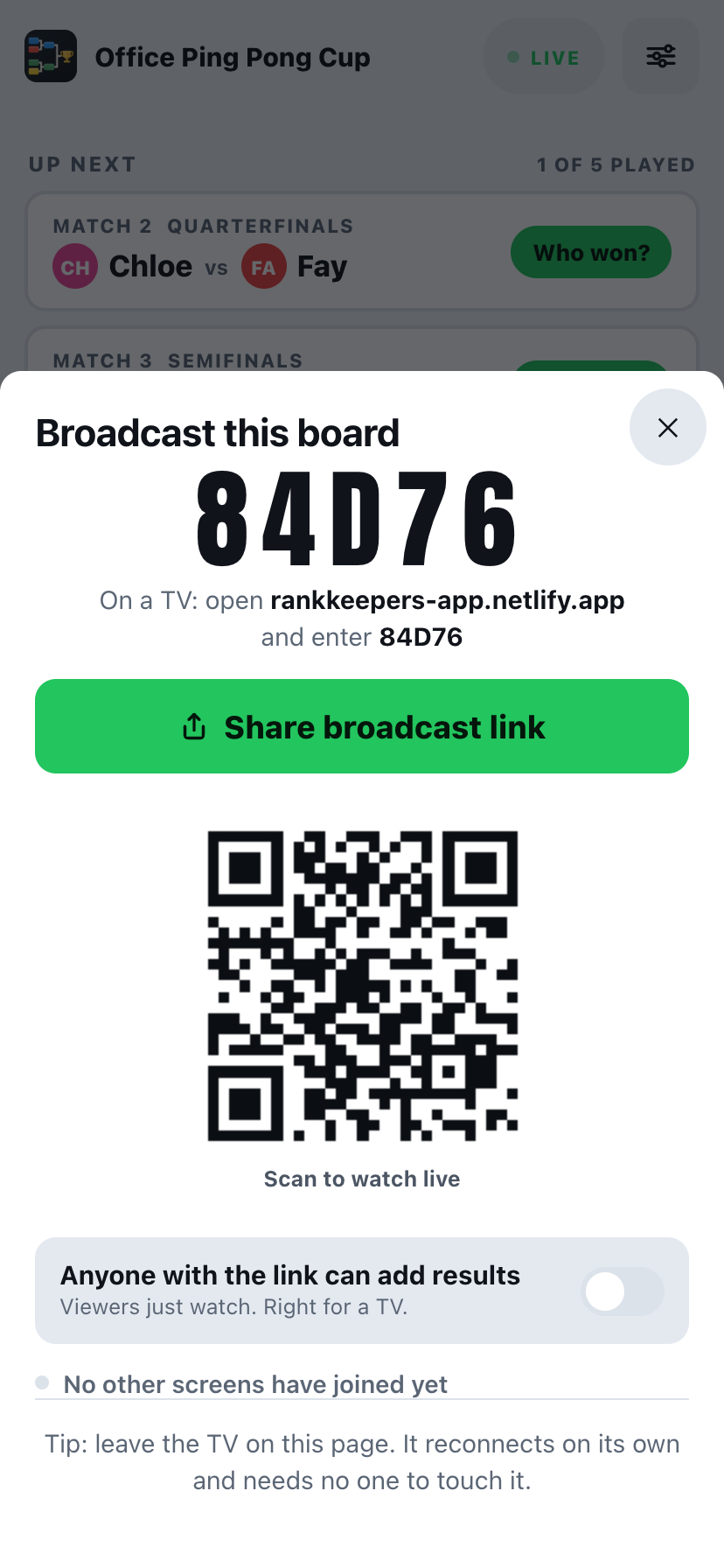 BracketKeepers broadcast sheet with a link, QR code and 5-letter code