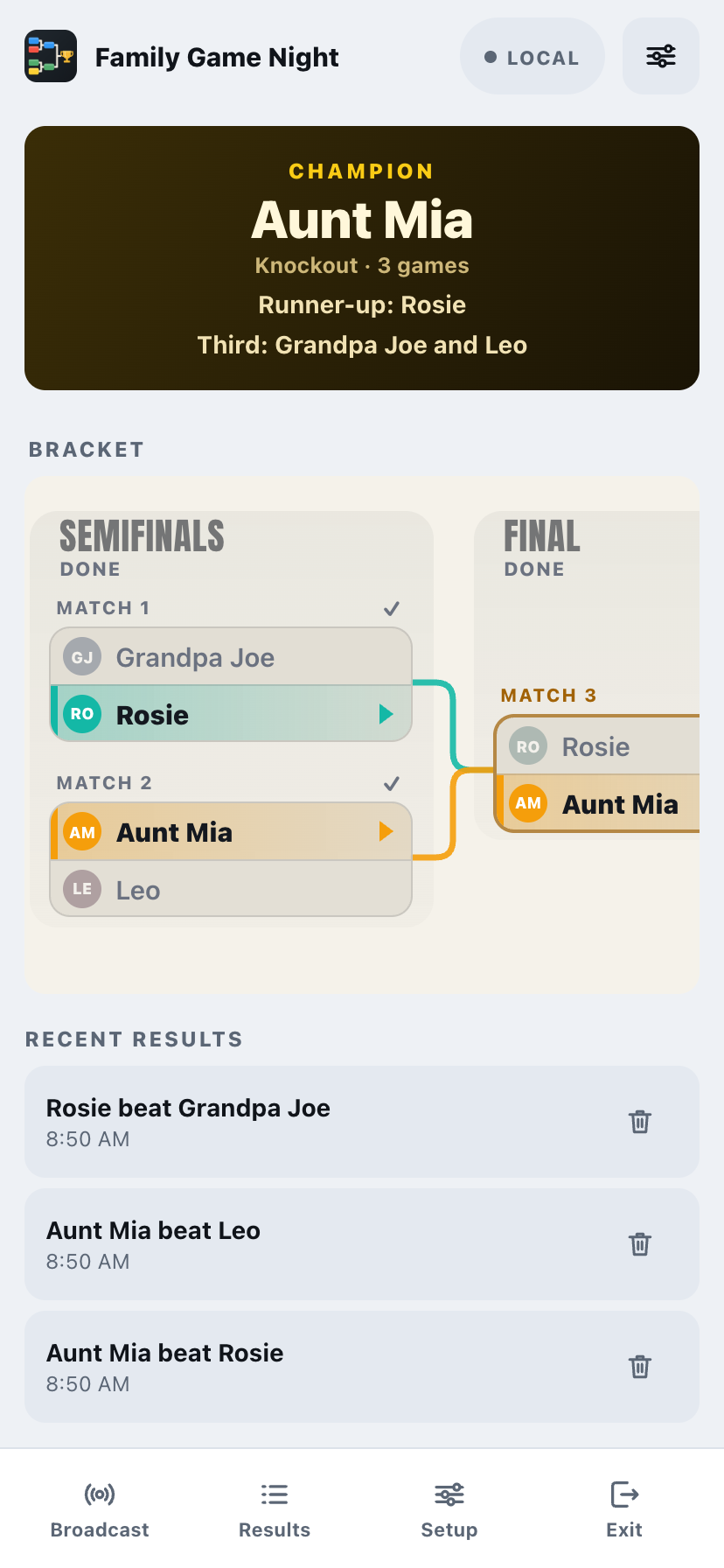 A family game night bracket with its champion card