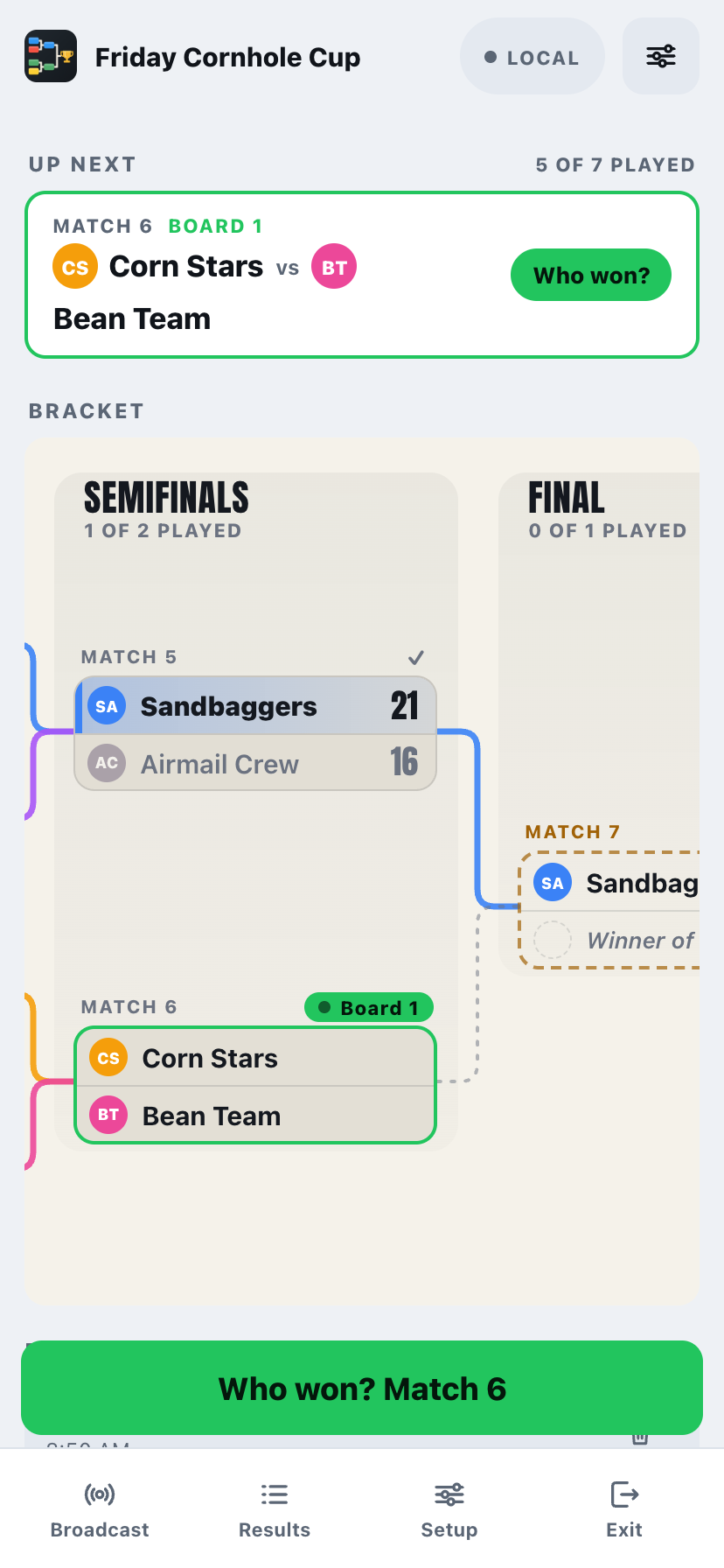 A cornhole bracket on a phone, the next semifinal live on Board 1
