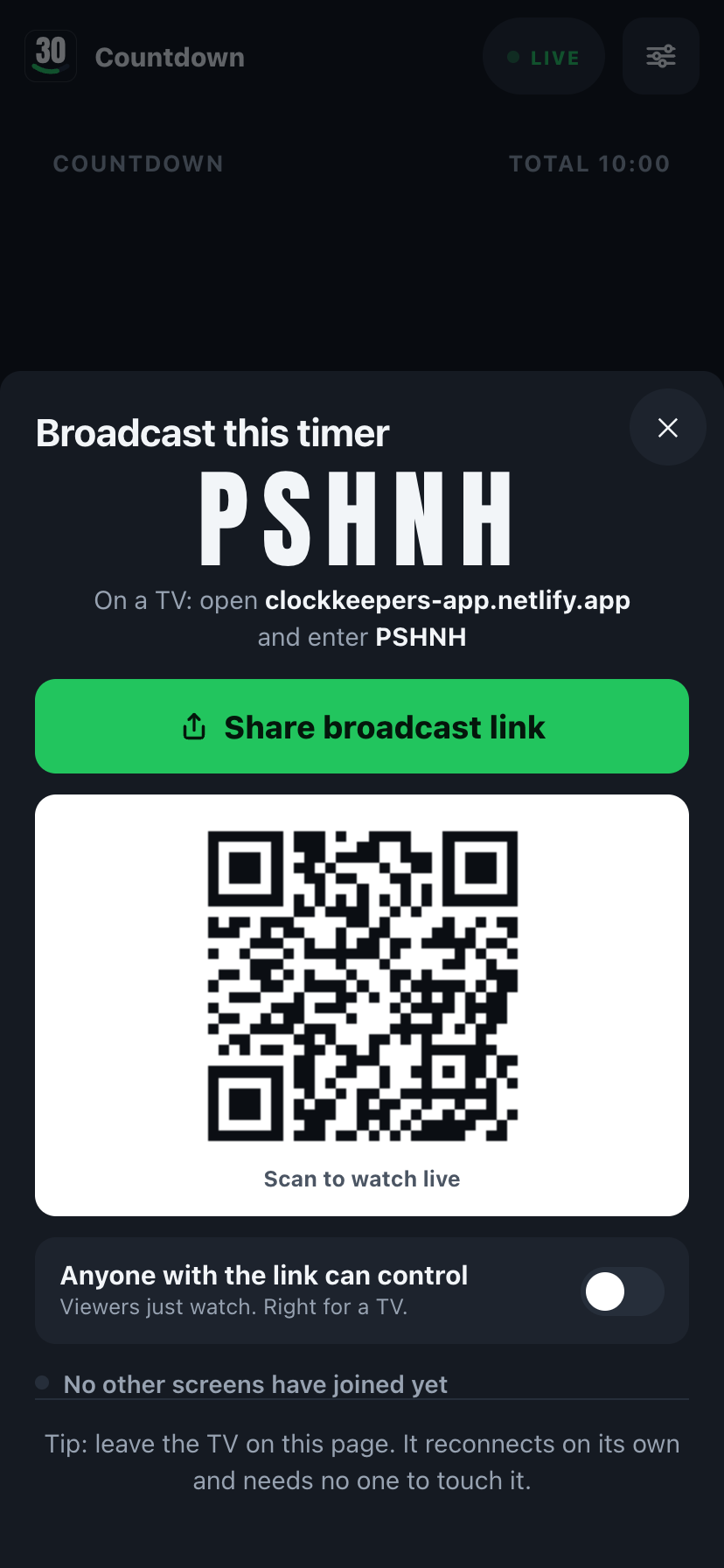 ClockKeepers broadcast sheet with a link, QR code and 5-letter code