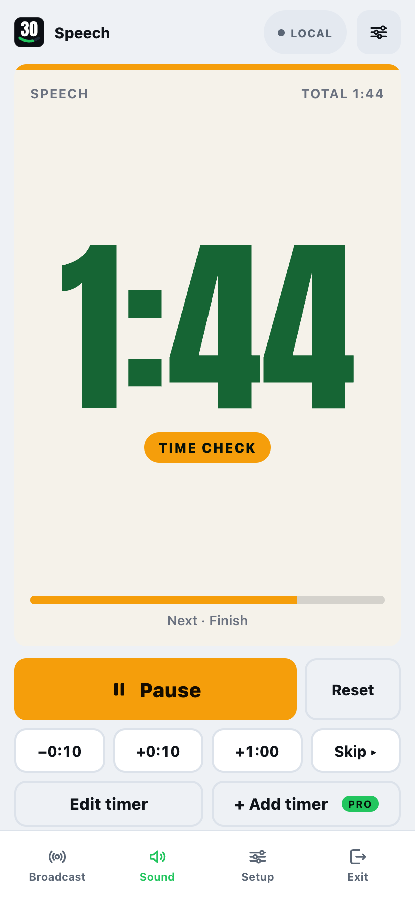 ClockKeepers speech timer in a classroom, amber warning stage