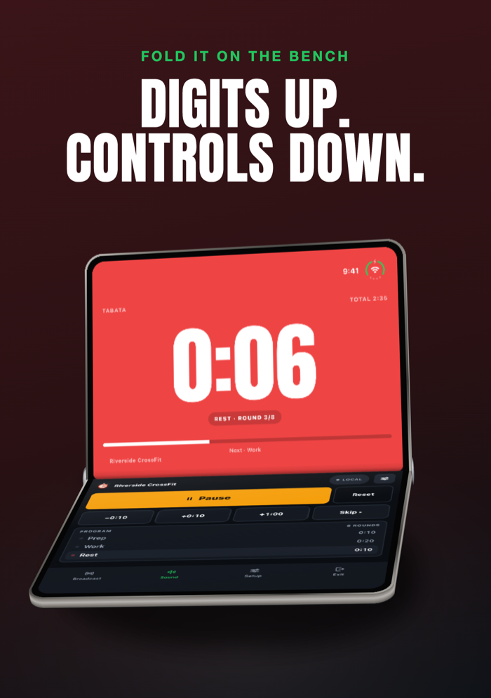 위쪽 절반에 타이머, 아래쪽 절반에 큰 조작 버튼이 있는, 반쯤 접힌 iPhone Duo의 ClockKeepers Bench Clock