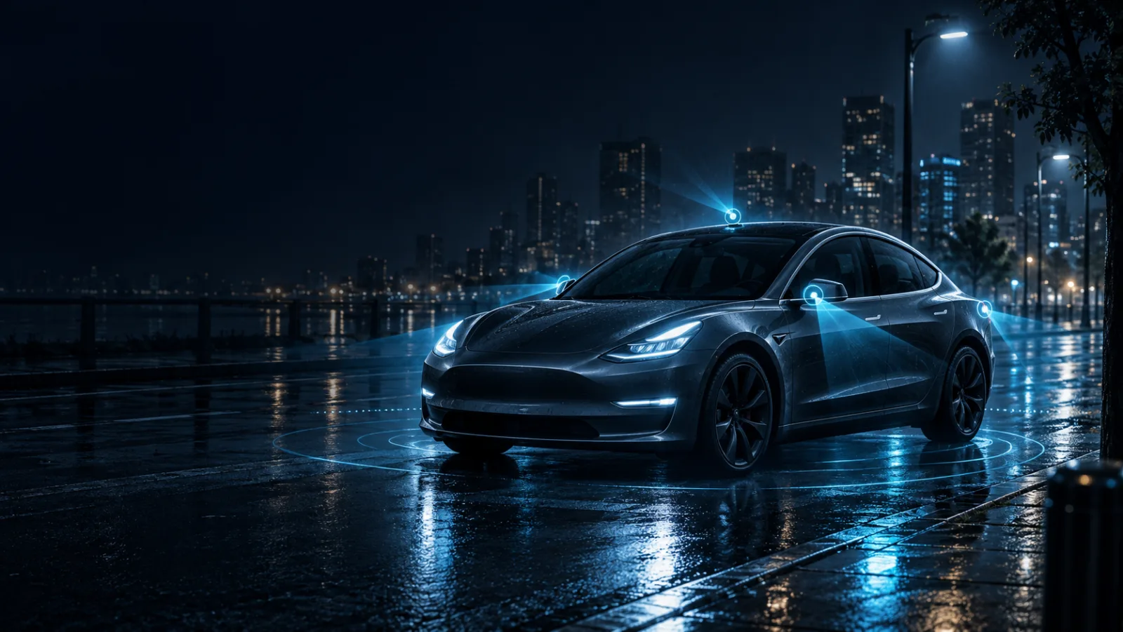 A Tesla parked alone at night, its Sentry cameras glowing, watching over it