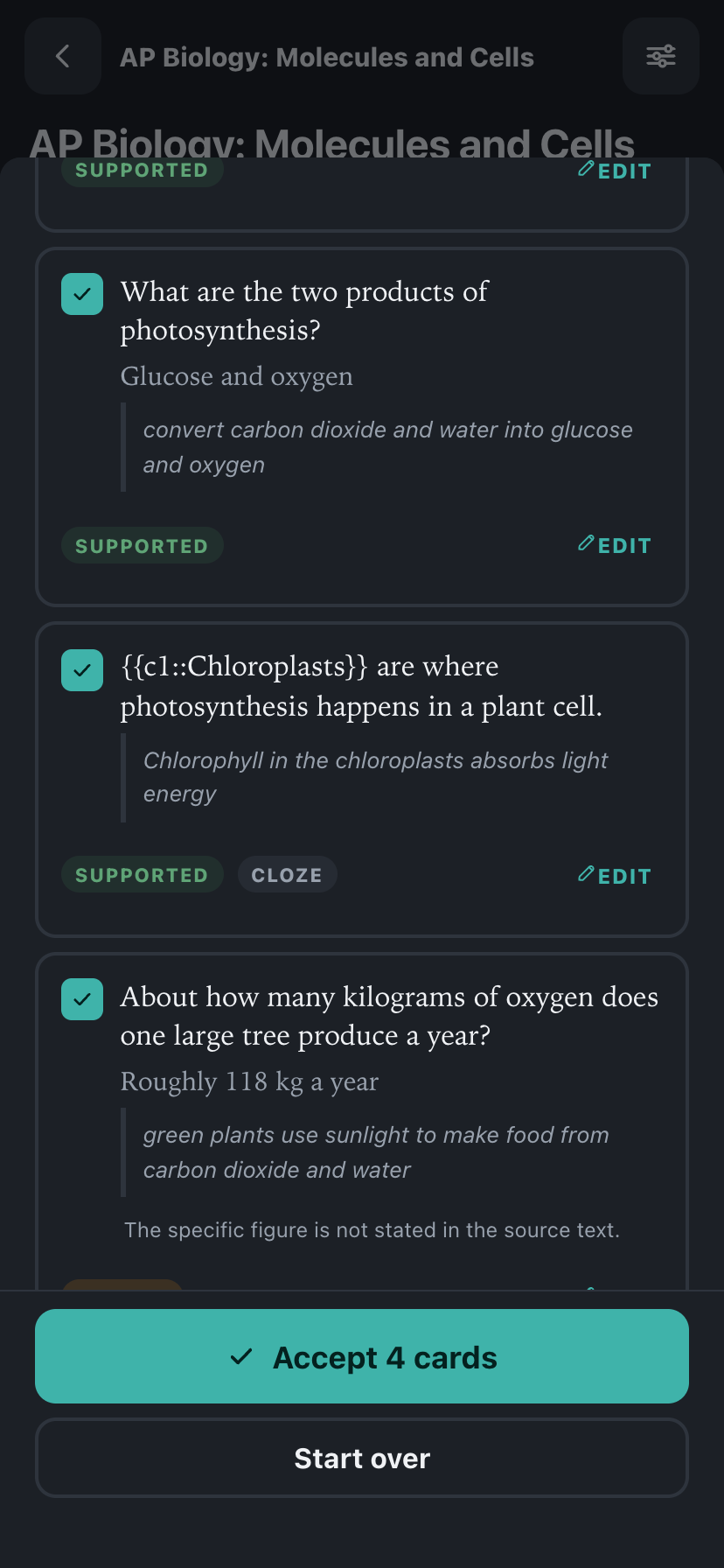 FlashKeepers AI card tray showing a quoted source span and a status pill