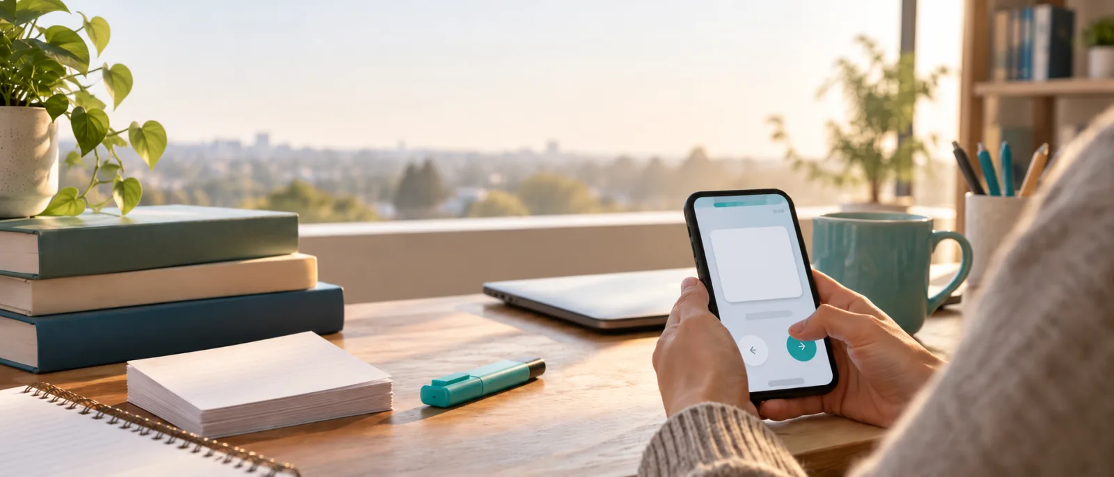 A student's hands reviewing flashcards on a phone at a desk, with a stack of paper index cards and textbooks nearby