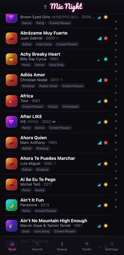 Le livre de chansons, une liste de A à Z avec des filtres par genre, décennie et tessiture