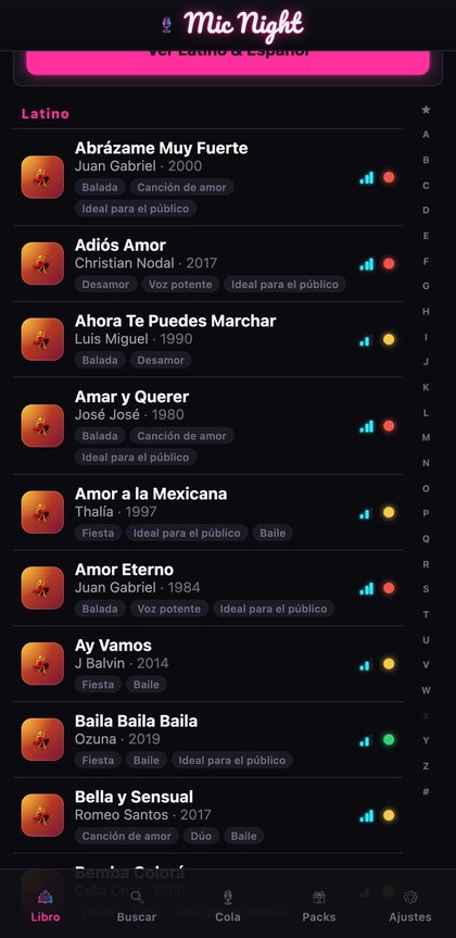 El Cancionero, una lista de canciones de la A a la Z con filtros de género, década y registro vocal