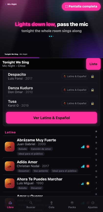 Una canción reproduciéndose en el reproductor anclado mientras se explora El Cancionero debajo