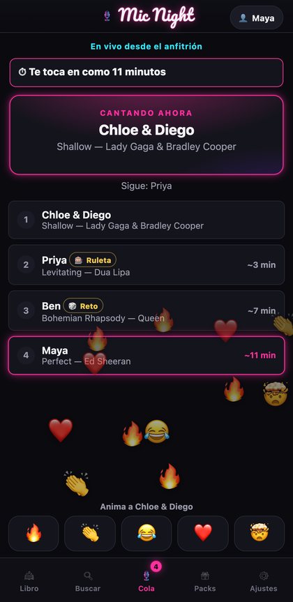 Teléfono de un invitado a mitad de canción con la barra de reacciones y emojis flotando