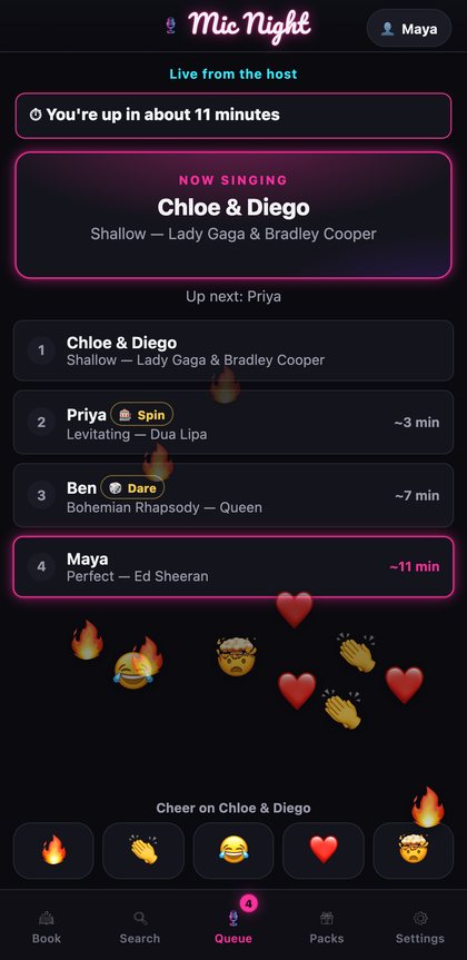 Le téléphone d’un invité en pleine chanson, avec la barre de réactions et des emojis qui flottent