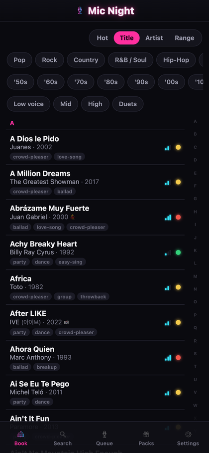 The Book, A to Z song list with genre, decade, and vocal range filters