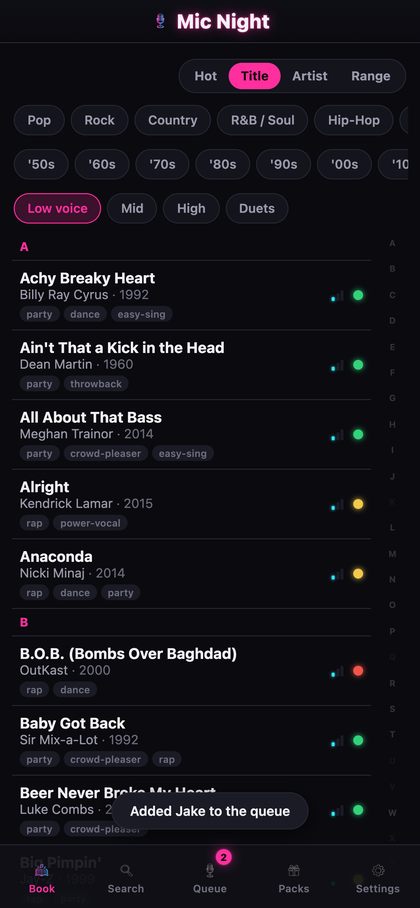 Range filter, songs grouped by low voice with difficulty indicators