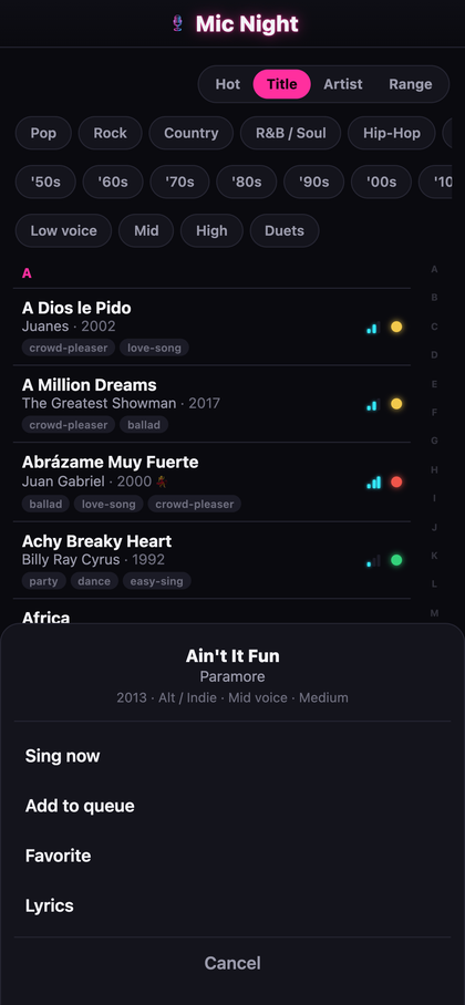Song action sheet, Sing now, Add to queue, Favorite, or Open on YouTube