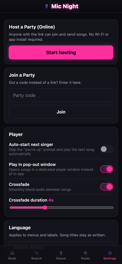 Host a Party screen, start an online session anyone can join by link