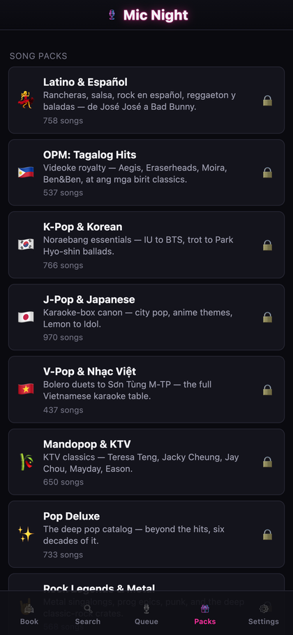 Song packs, extra language, genre, and party packs to unlock