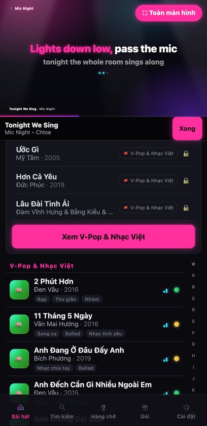 Một bài hát đang phát trong trình phát được ghim khi Sổ Bài Hát vẫn đang được lướt phía dưới