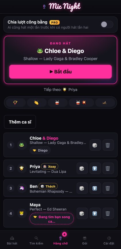 Hàng chờ của host với một bài song ca, một bài xoay được, một thách đấu và bảng âm thanh