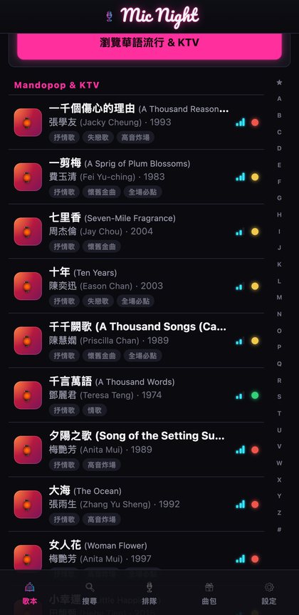 歌本，依曲風、年代與音域篩選的A到Z歌曲列表