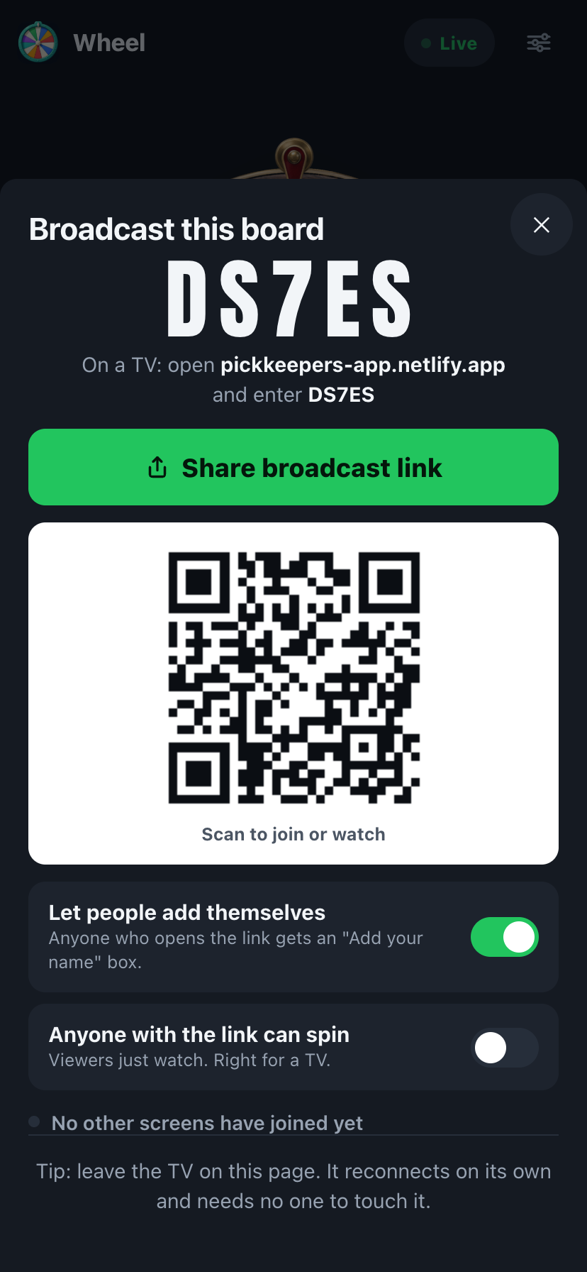 PickKeepers broadcast sheet with a link, QR code and the self-entry toggle