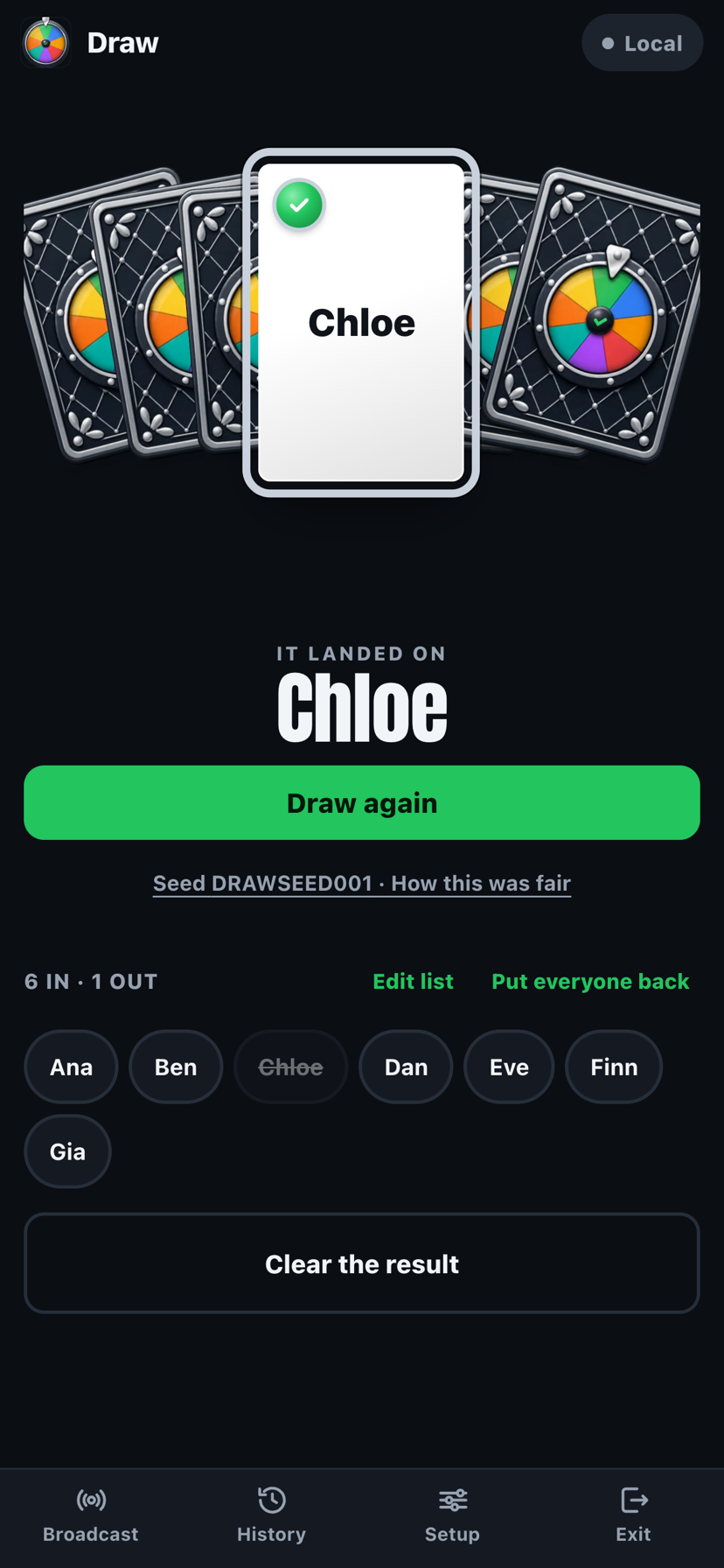 PickKeepers draw mode with a face-up card reading Chloe among face-down cards, and the seed shown below
