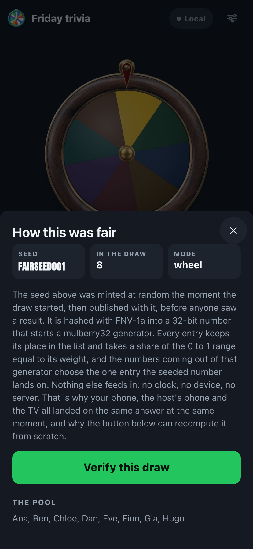 PickKeepers fairness sheet showing the seed and a Verify button