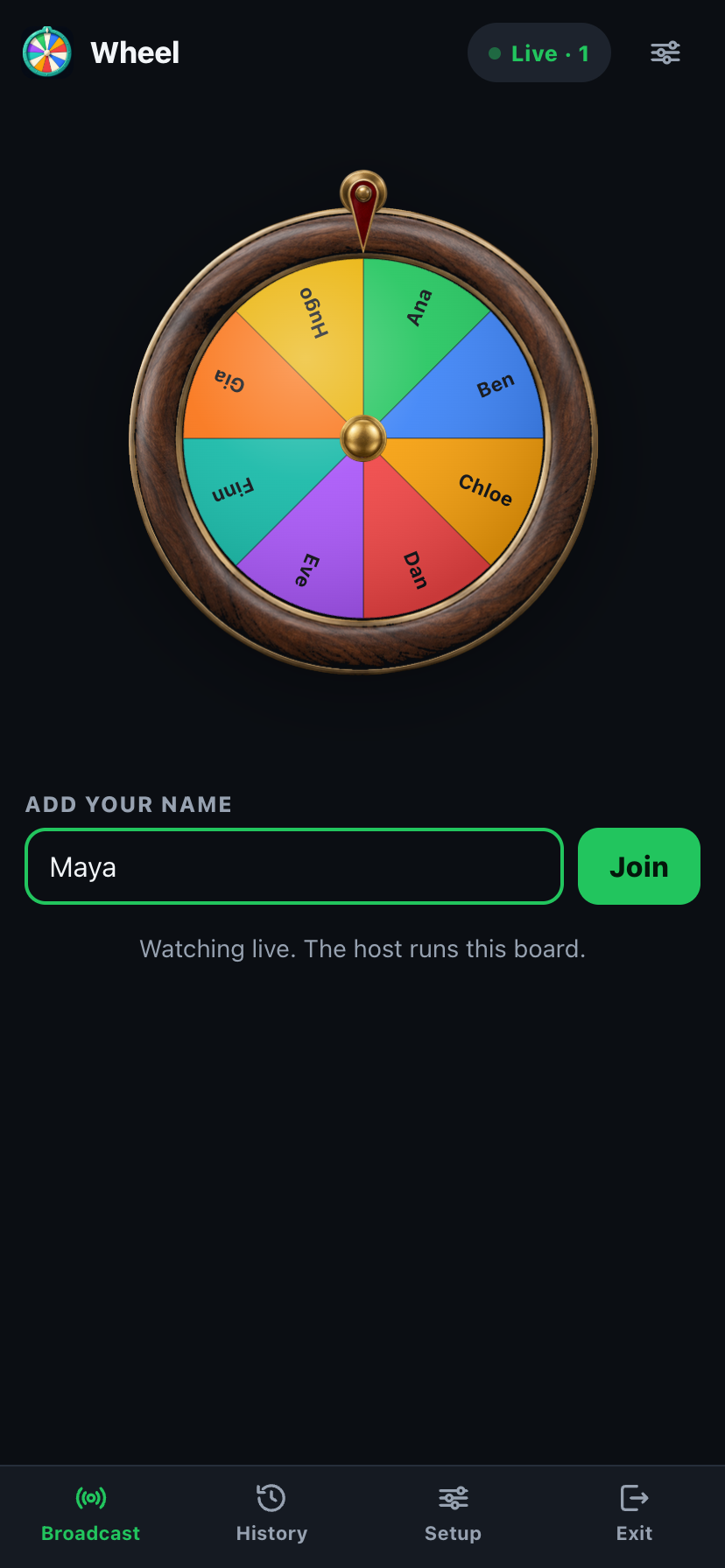 PickKeepers self-entry screen, a participant adding their own name with the code