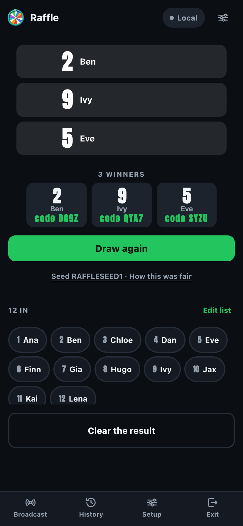 PickKeepers raffle winners with ticket numbers and claim codes