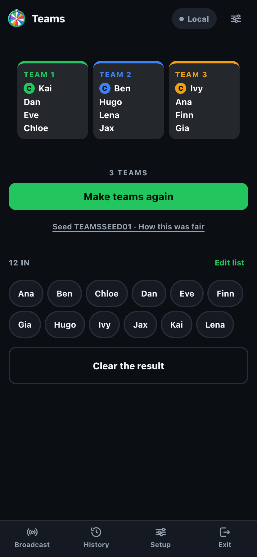 PickKeepers teams mode showing a balanced team grid