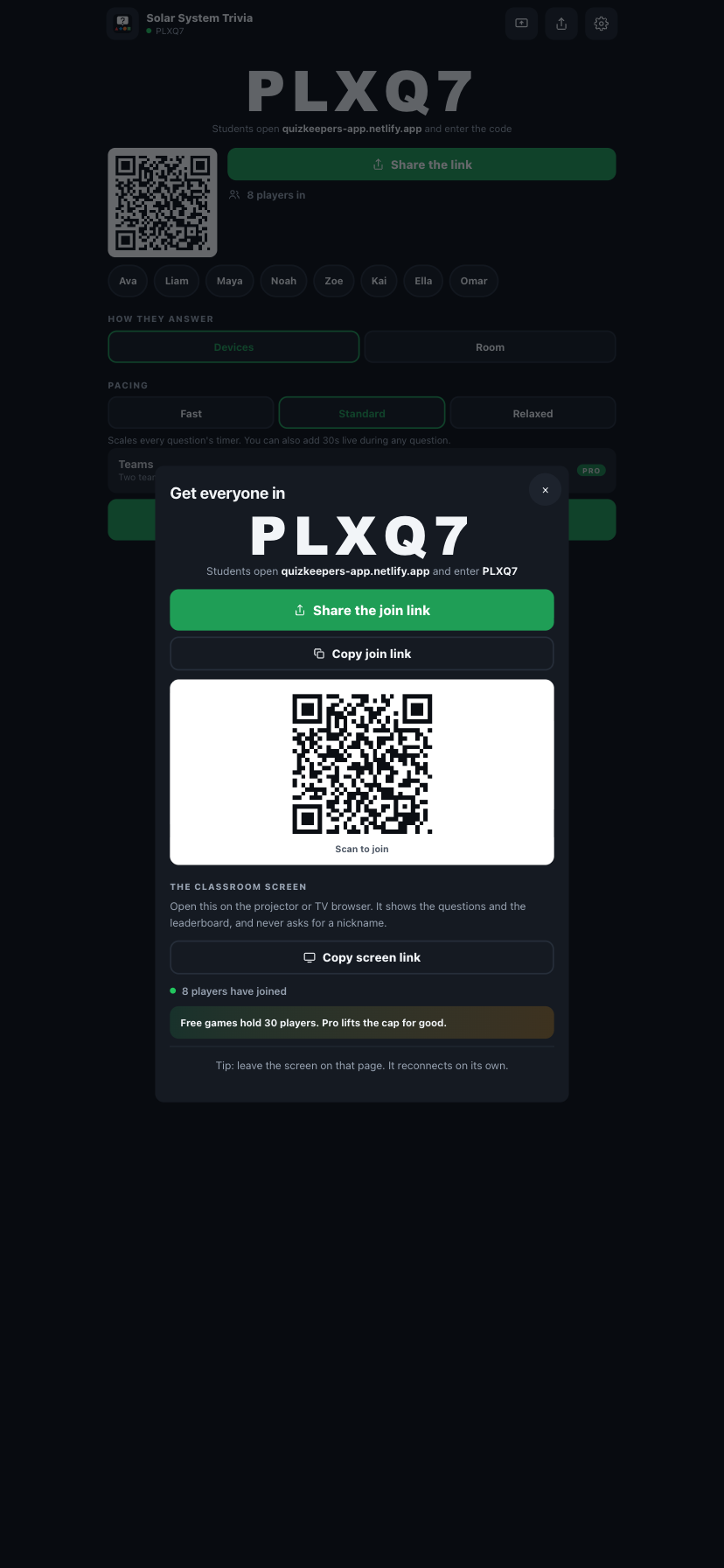 QuizKeepers join sheet with a link, QR code and 5-letter code