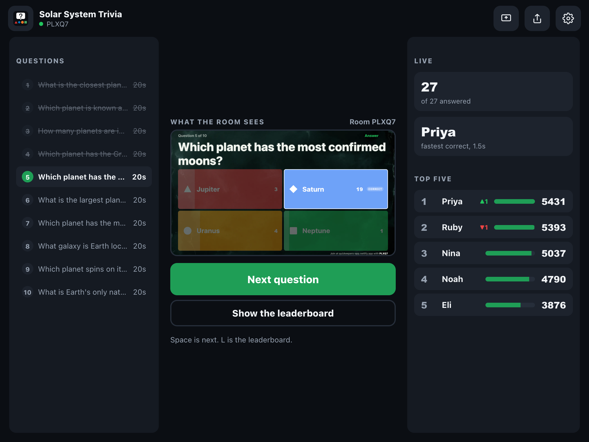QuizKeepers host console on iPad with question rail, stage and live panel
