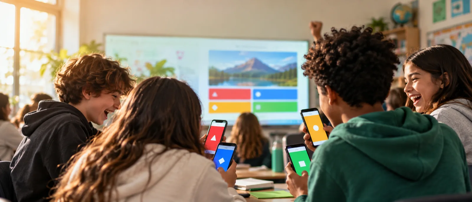 Students holding up their phones in a classroom, laughing, with a colorful quiz question glowing on the projector screen behind them