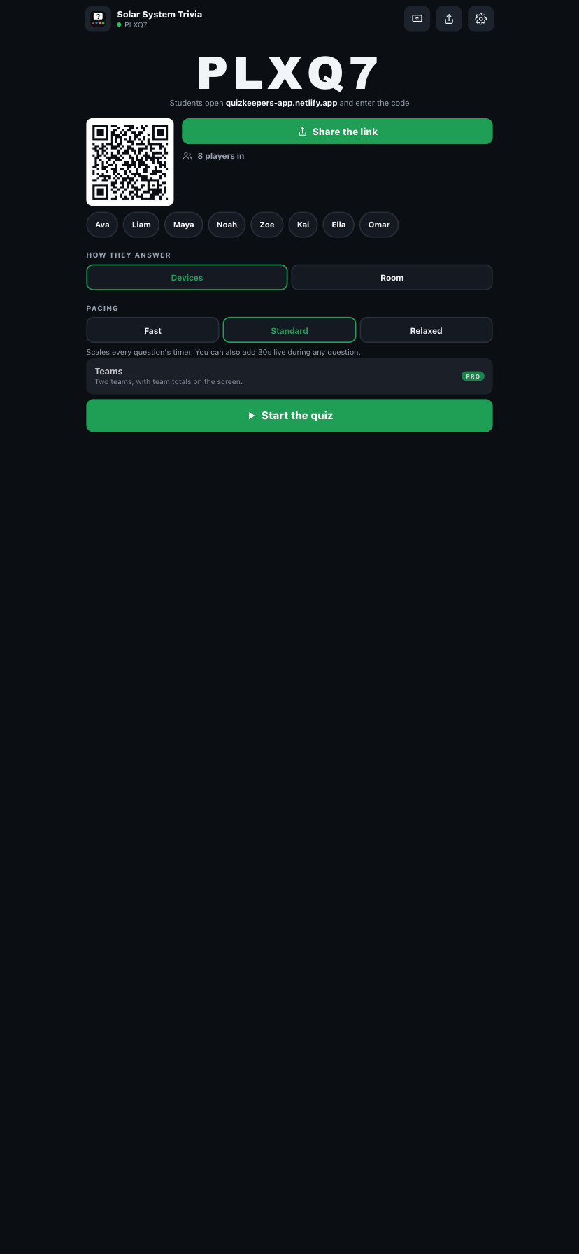 QuizKeepers host lobby on a phone showing the room code