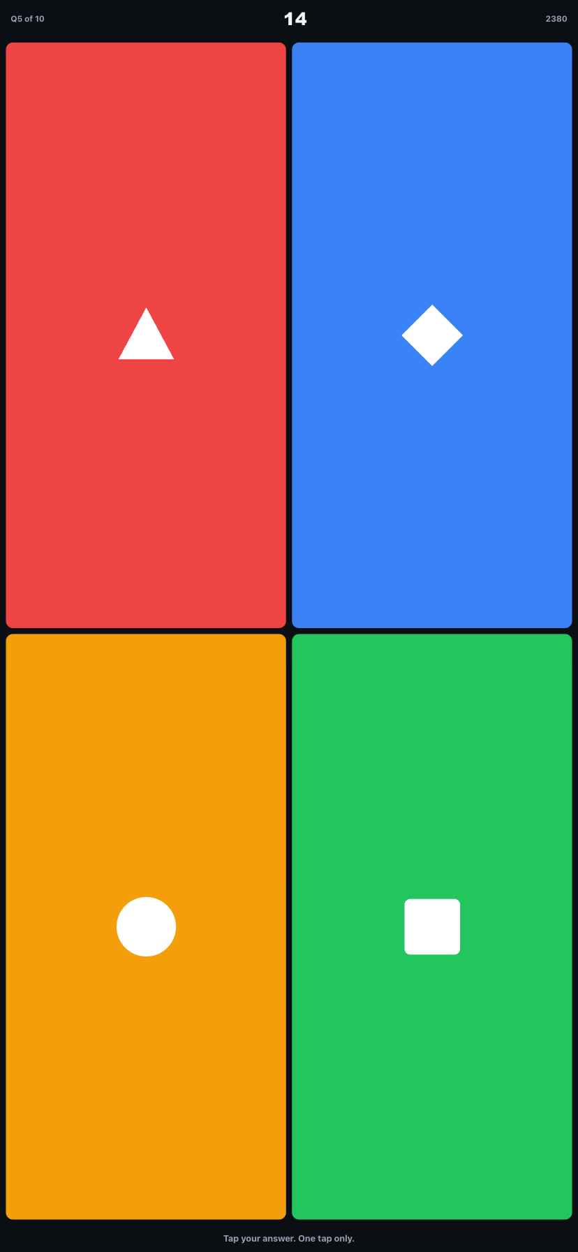 QuizKeepers player screen with four large answer tiles